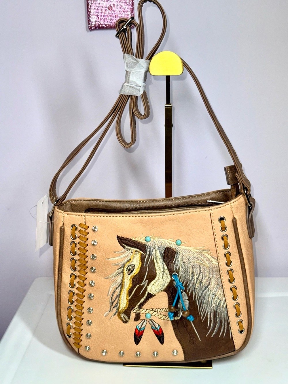 Embroidered Horse Cream Crossbody Bag with Decorative Studs